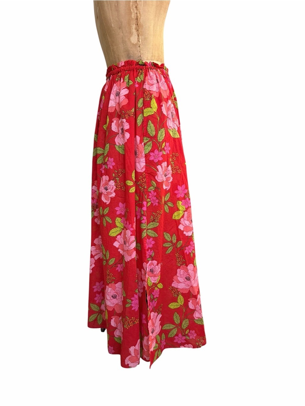 J. Crew Cotton Voile Red Floral Maxi Skirt Peony Vines S Oversized Lightweight - Picture 3 of 11